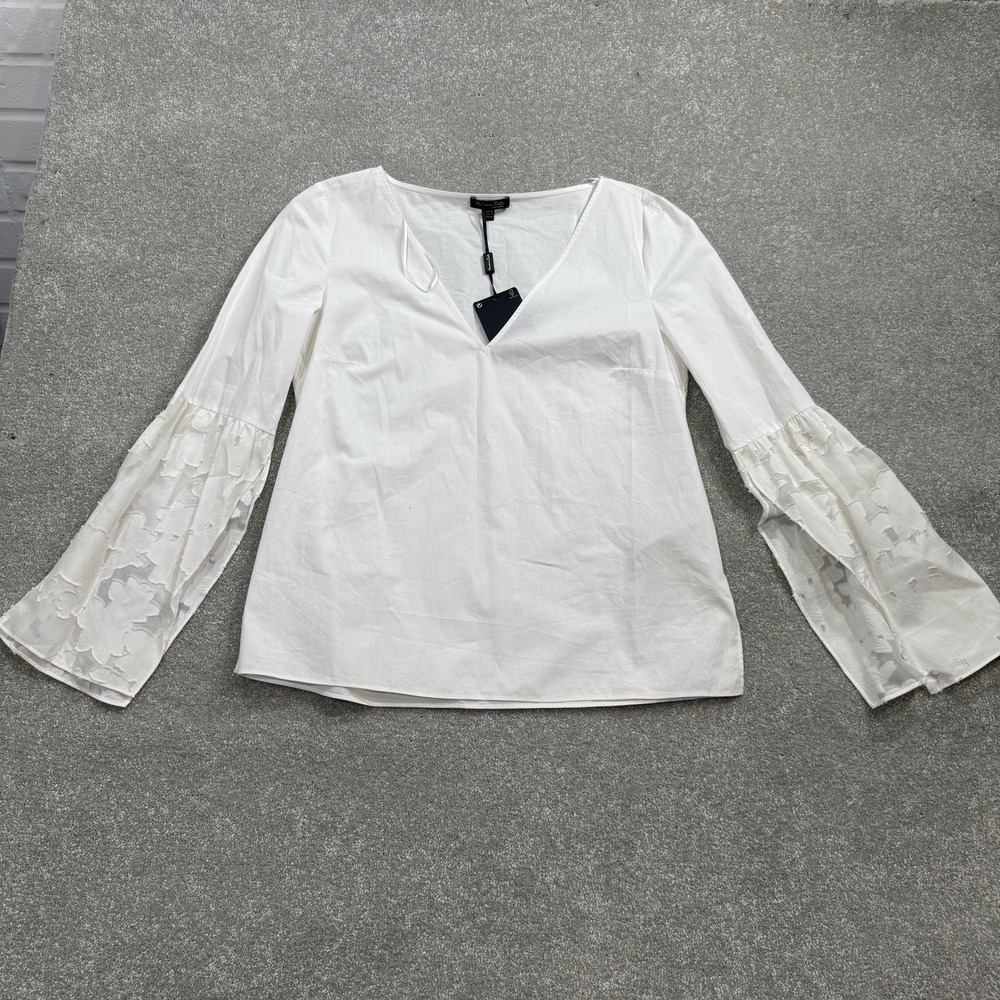 Massimo Dutti VNeck Blouse Silk Blend Bell Sleeve Floral Sz 6 NWT Minor‎ Blemish - Picture 2 of 16